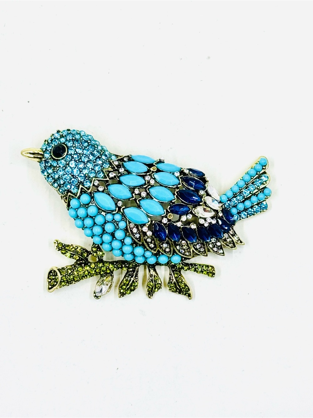 Gold Tone Blue & Green Rhinestone Perched Bird Brooch Large 4” X 3”